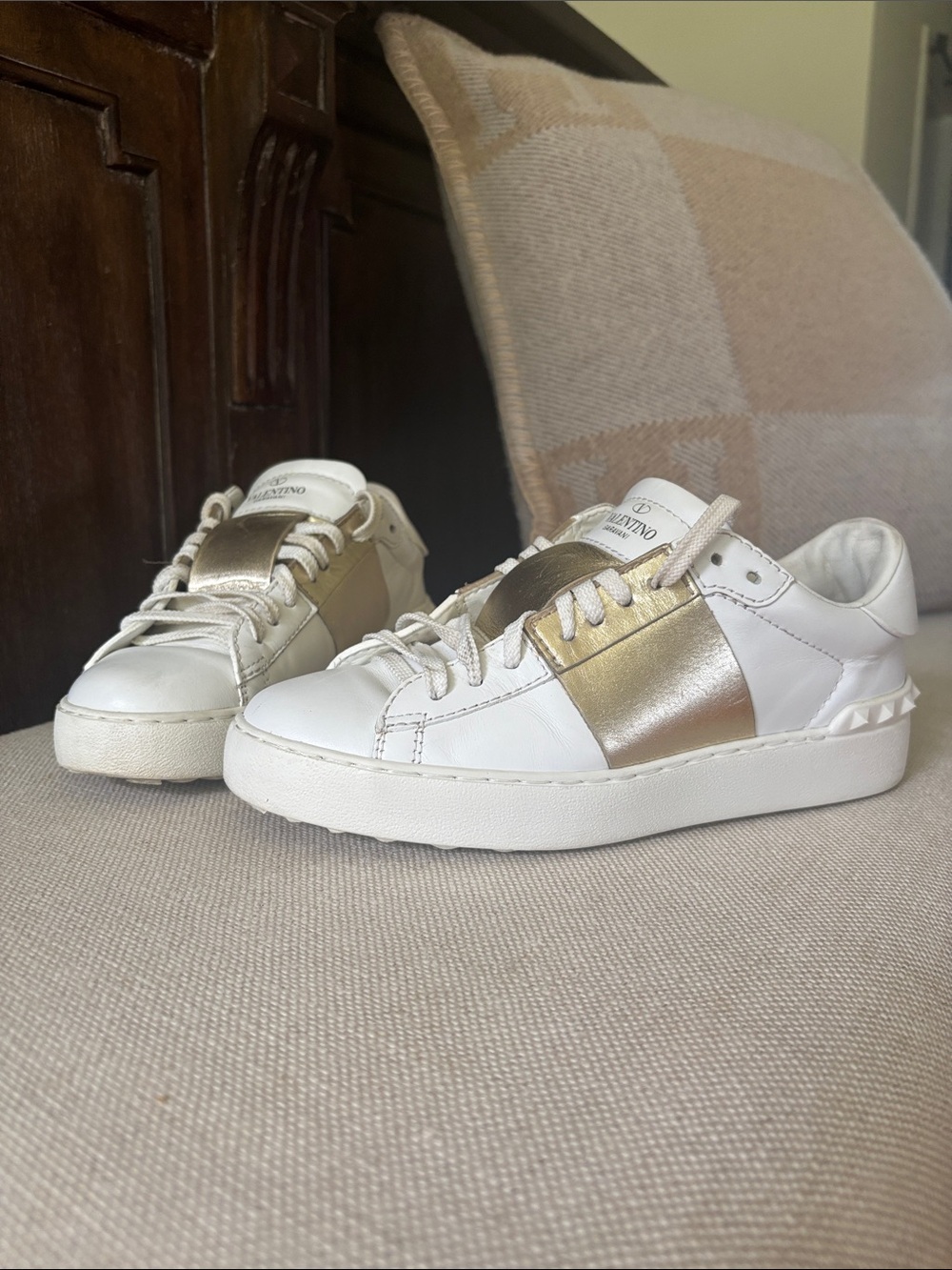 Valentino Garavani White Leather Sneakers with Gold Panel